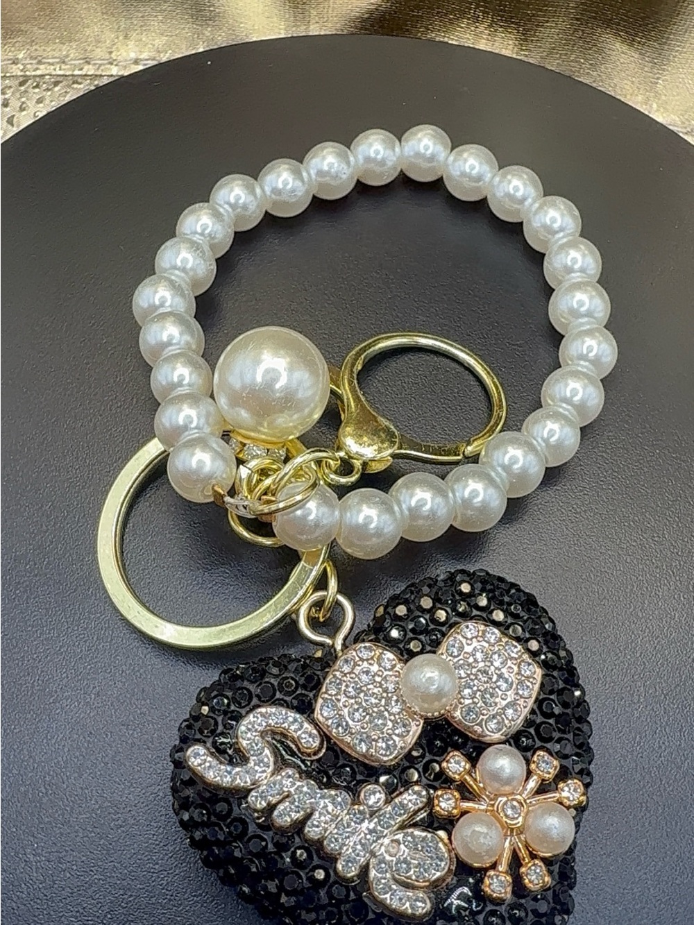 Pearl Beaded Heart Charm Keyring with Gold Accents